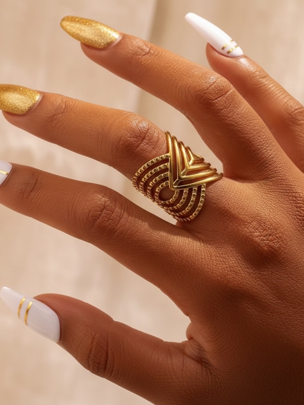 Boho Chic Gold Statement Ring Adjustable Stainless Steel Glam Retro Modern